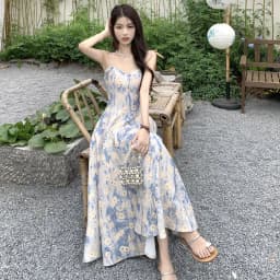 Slim Fit French Blue Oil Painting Slip Dress Waist-Cinching Spaghetti Strap Women's Floral Long Skirt Beach Vacation