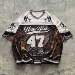 Men Summer T Shirt New York 47 Camo Jersey Tee Casual Short Sleeve V Neck Mesh Top Retro Streetwear Loose Fit Tops for Gentlemen