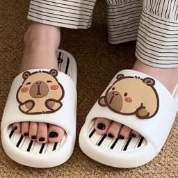 Women Cute BathSlippers Capybara Decor Stripes Thick Soft-Sole Bathroom Beach Summer Couple Black White Casual Non-slip Home New