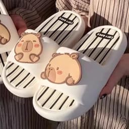 Women Cute BathSlippers Capybara Decor Stripes Thick Soft-Sole Bathroom Beach Summer Couple Black White Casual Non-slip Home New