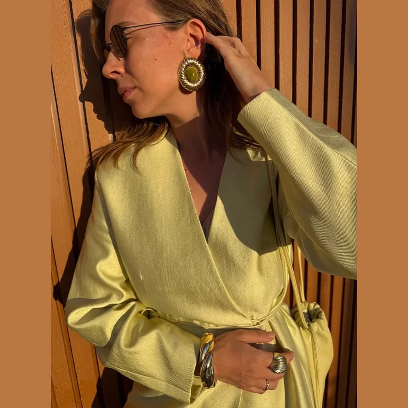 Women's Exquisite Luxury Satin Loose Jacket Wide Leg Pants Suit 2026 Casual Elegant V Neck Cinched Waist Jacket Chic Trouser Set