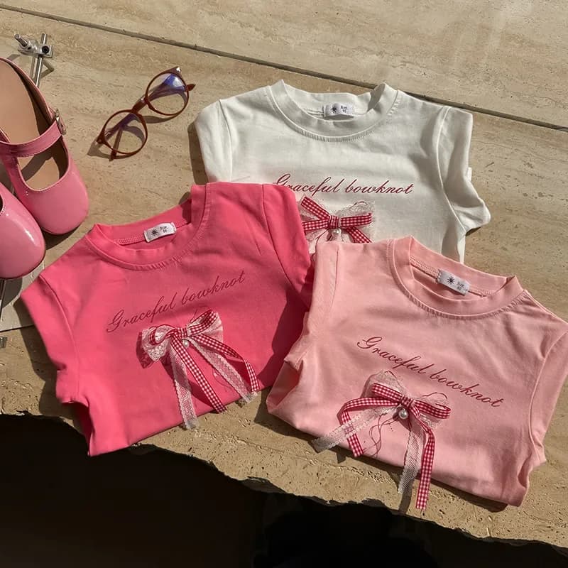Girls Thin Clothing For Princess Kids Summer Short Sleeve T-Shirts Bowknot