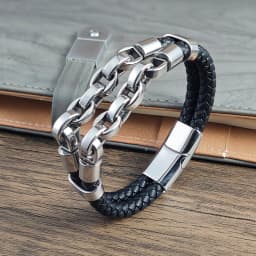 Multi Layer Men's Leather Bracelet Stainless Steel Mechanical Feel Cuban Chain Geometric Pattern Bangles for Male Jewelry Gift