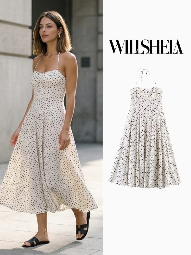 Willshela Women Fashion Pleated Backless Zipper A-Line Midi Dress Vintage Halter Slash Neck Female Chic Lady Dresses