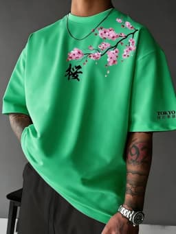 European and American men's summer letter cherry blossom print comfortable and breathable round neck T-shirt outdoor street top