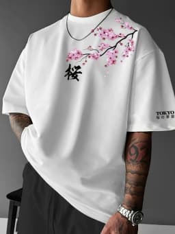 European and American men's summer letter cherry blossom print comfortable and breathable round neck T-shirt outdoor street top