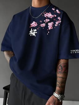 European and American men's summer letter cherry blossom print comfortable and breathable round neck T-shirt outdoor street top