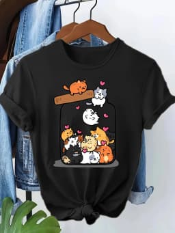 Fashion Funny Cat T Shirt Women Letter Print Short Sleeve Round Neck Women's Casual Summer Breathable T-shirt