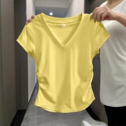Summer Women's V-neck Pleated Short Sleeved T-shirt Covers The Stomach Showing Off Thinness and Noble Temperament Versatile Top