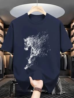 Men's Summer 100% Cotton Fashion Dot Art with Steed Printing for Casual Sports, Loose Round Neck Short Sleeve T-shirt,