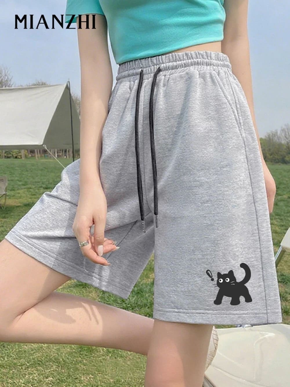 Women's Summer Cat Print Pure Casual Shorts A-Line Loose Fit Knee-Length Pants with Pockets Drawstring Elastic Waist Pure Fabric
