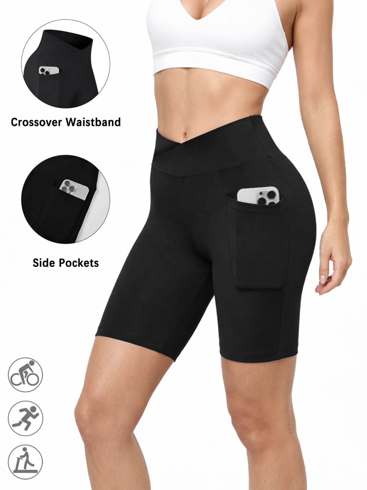Women's Super Soft Crossover High Waisted Biker Shorts With Pockets Tummy Control No See Through Workout Yoga Running Shorts