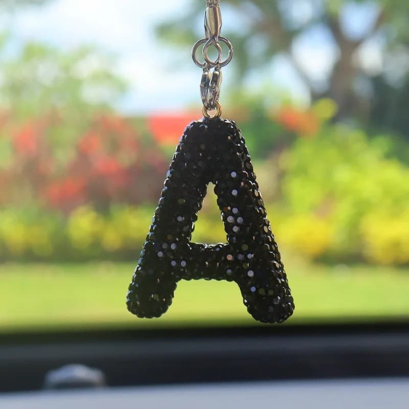 Black Rhinestone Letter Polymer Clay Car Charm - Crystal Rearview Mirror Pendant for Women