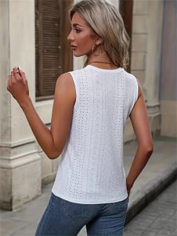Solid Color Hollow-Out Embroidered Detail Round Neck Tank Top for Spring and Summer
