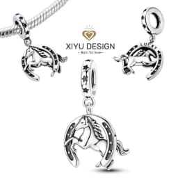 925 Sterling Silver Good Luck Horseshoe and Horse Charm Bead DIY Bracelet Necklace Women's Fine Jewelry Birthday Party Gift