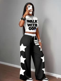 2026 Summer Kids Fast Dry Loose Pants Black White Star Print "WALK WITH GOD" Drawstring Elastic Waist Casual Streetwear Trousers