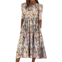 Spring Summer Printed Round Neck Casual Set Loose Long Dress with Pockets Middle Sleeve Cross-Border Women's Fashion