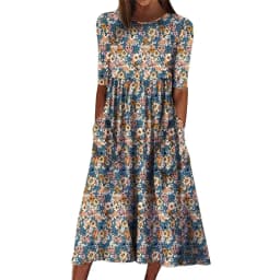 Spring Summer Printed Round Neck Casual Set Loose Long Dress with Pockets Middle Sleeve Cross-Border Women's Fashion