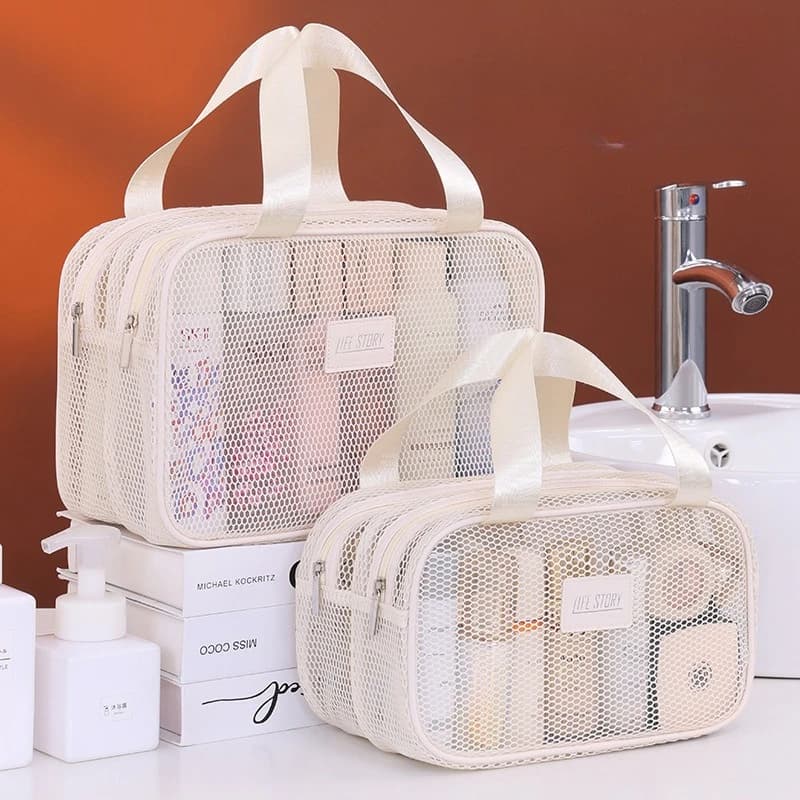 Double Layer Mesh Travel Makeup Bag, Large Capacity Handheld Cosmetic Pouch, Foldable Organizer for Women Vacation Toiletries