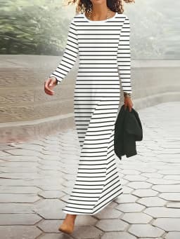 Women's Long Sleeve Round Neck Striped Dress Casual Office Work A Line Midi Dress Spring Autumn Fashion Solid Color Slim Fit