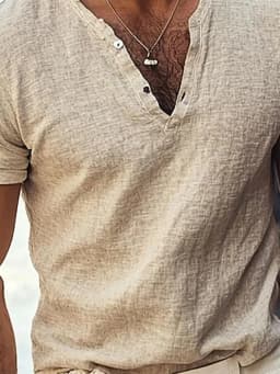 Summer Men's Casual Beige Henley Tee Notch V-Neck Short Sleeve Slim Fit Daily Top