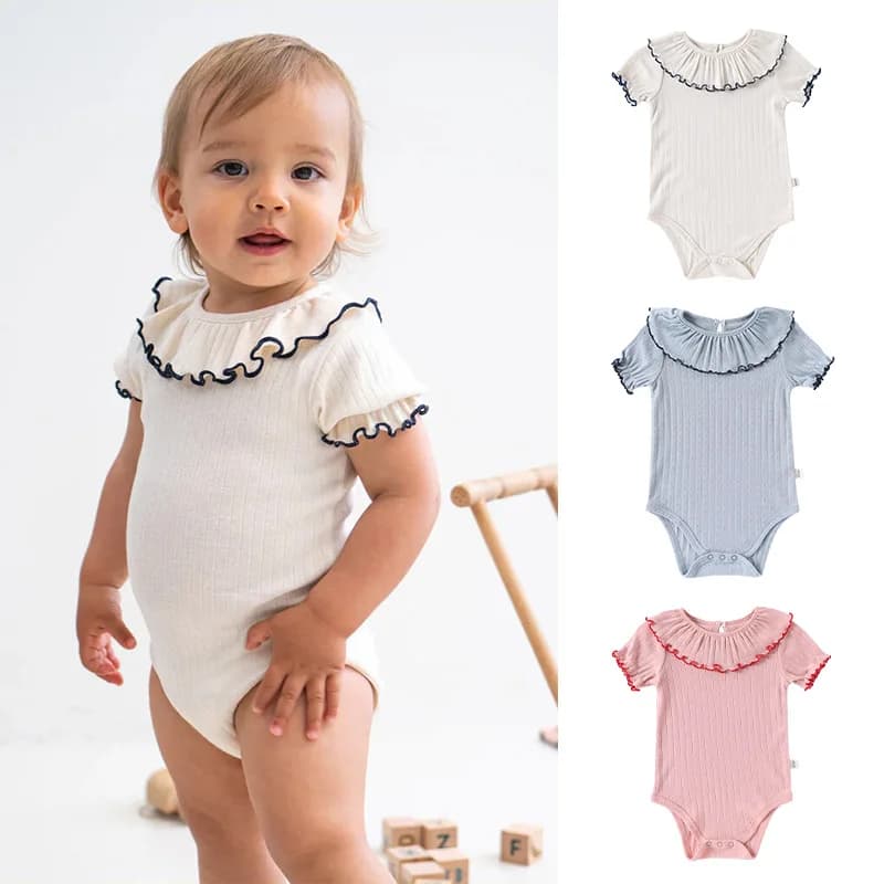 Baby Girls' Summer Triangular Bodysuit Pure Cotton Ruffled Collar Thin Infant Outfit Trendy Clothing for Baby Girls