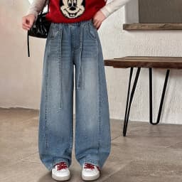 Girls Spring Autumn Denim Jeans Straight Leg Wide Leg Pants Embroidered Rhinestones Children's Faionable Trousers