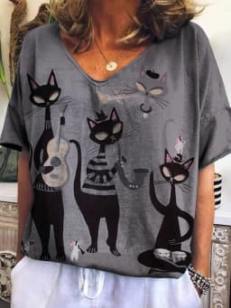 Elegant Vintage Cat Print Casual T Shirt V Neck Short Sleeve Tee For Women Summer Holiday Travel And Vacation Wear