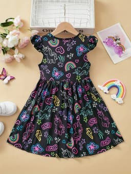 Cute Girls Luminous Dress Black Neon Unicorn Rainbow Print Skirt Kids Casual Daily Wear Glow Party Outfit