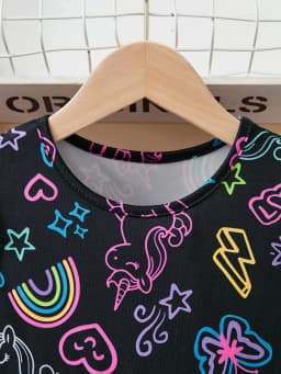 Cute Girls Luminous Dress Black Neon Unicorn Rainbow Print Skirt Kids Casual Daily Wear Glow Party Outfit