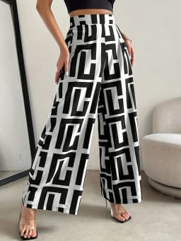 2026 Casual and Elegant Bohemian Style Wide Leg Elastic Waist Dual Color Checkered Printed Loose Pants Wide Leg Pants