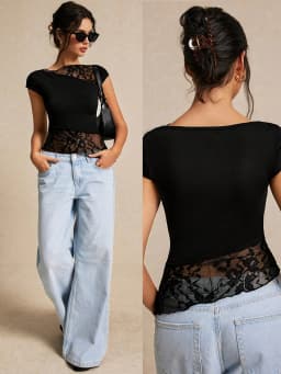 Women's Summer Slim Fit Asymmetrical Lace-Trimmed Short-Sleeve T-Shirt