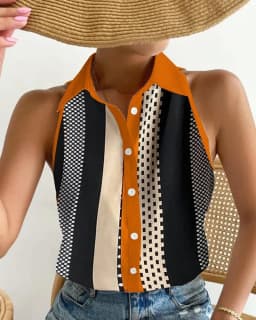 Women Sleeveless Halter Neck Button Down Blouse With Vibrant Swirl Abstract Print Perfect For Summer Beach Vacations Casual Outi