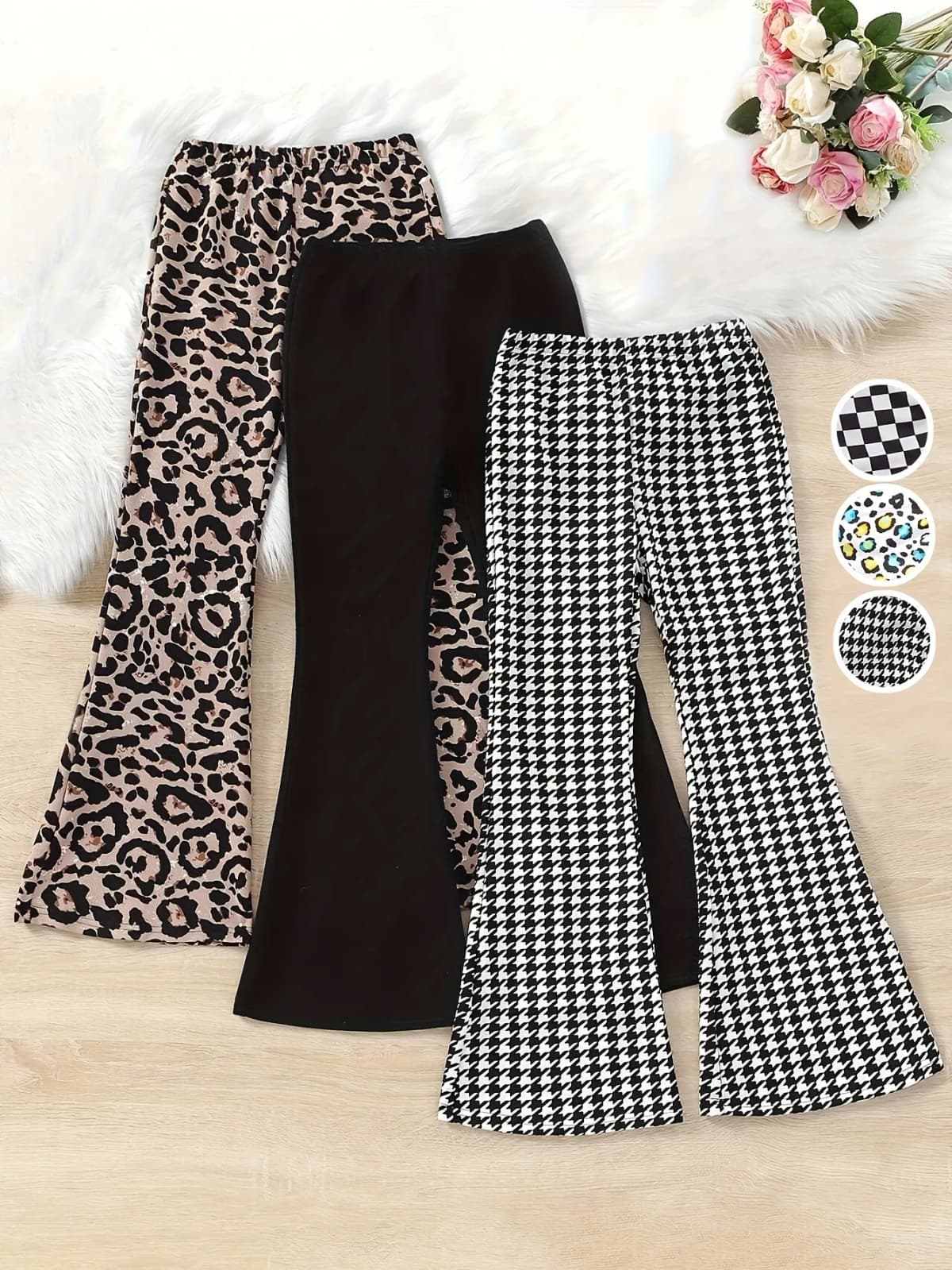 Trendy Girls 3 Pack Bell Bottoms Houndstooth Leopard Print Flare Pants Y2K Streetwear Fashion Pants