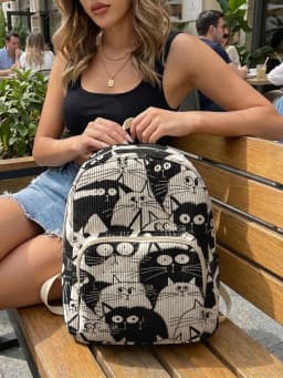 Black & White Cartoon Cats Allover Print Women Fashion Backpack Corduroy Multi-pocket Large Capacity Commuter Bag