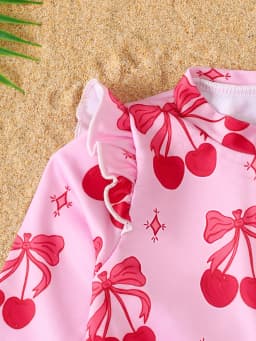 Baby Girl Summer Cherry Print Long Sleeve Onesie Swimsuit with Hat Infant Swimwear Protection And Style in One Piece