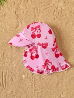 Baby Girl Summer Cherry Print Long Sleeve Onesie Swimsuit with Hat Infant Swimwear Protection And Style in One Piece