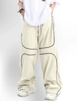 2026 Men's Lightweight Quick Dry Loose Trousers Black White Curved Line Piping Drawstring Elastic Waist Casual Streetwear Pants