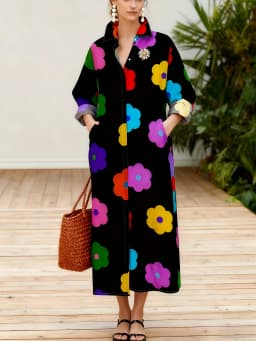 Floral Print Long Sleeve Dress for Women Vacation Style Black Collar A-Line Summer Dress Casual Chic Maxi Dress Spring Fall