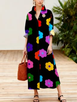 Floral Print Long Sleeve Dress for Women Vacation Style Black Collar A-Line Summer Dress Casual Chic Maxi Dress Spring Fall