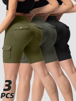 1/3PCS Summer Peach Butt Fitness Shorts Women's Exercise Cargo Air Dry Pocket Yoga Tight Five-Quarter Pants