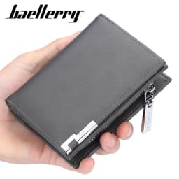 Baellerry Men's Slim Short Wallet with Card Clips Zipper Closure Multi-Card Slots PU Leather Large Capacity for Daily Use