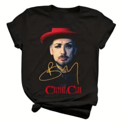 Official Vintage Band Tee Featuring A Signed Autograph of Boy George From Culture Club Showcasing A Red Hat Portrait