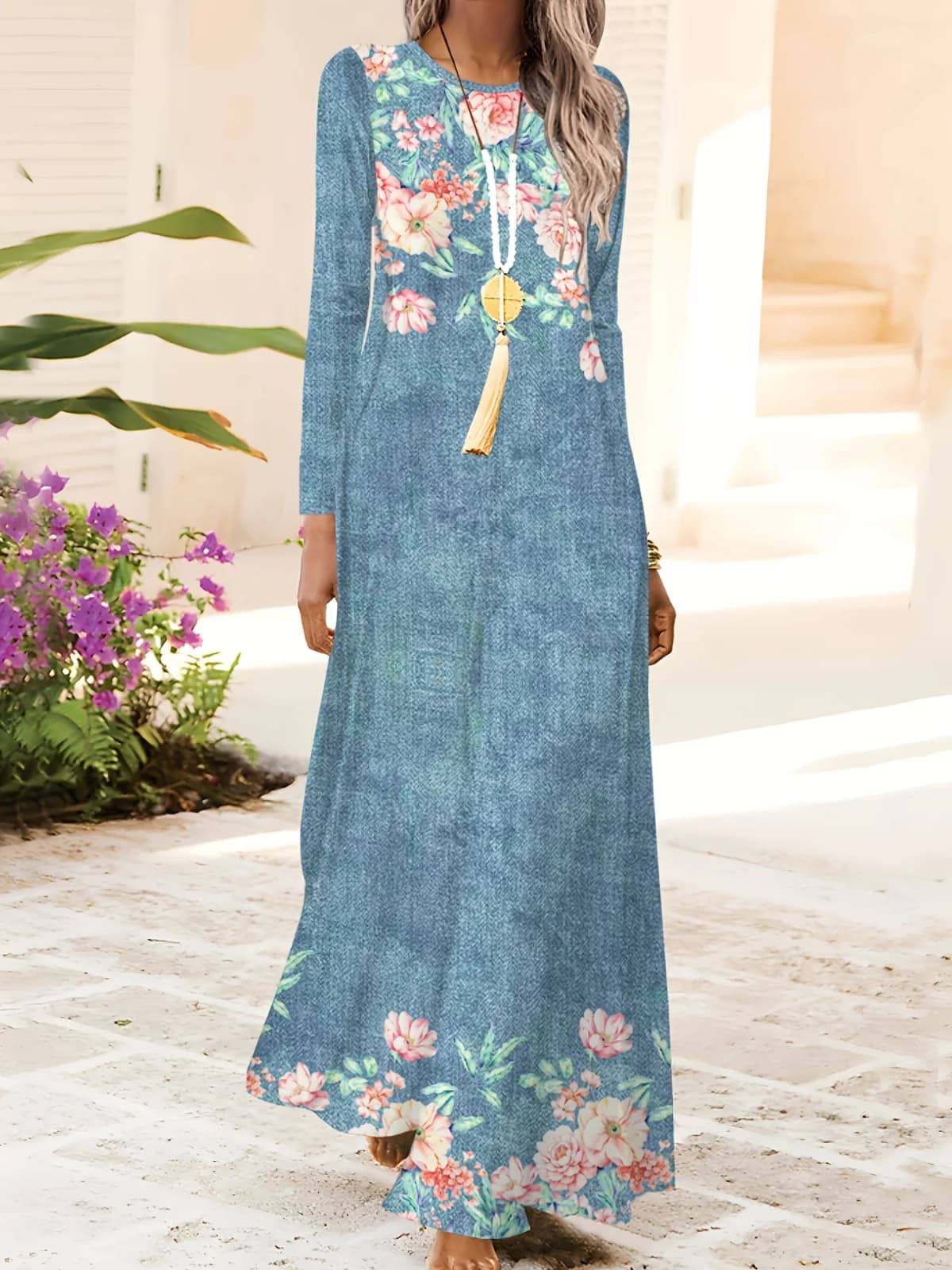 Spring Autumn casual style Floral Pattern On Denim Blue Dress women's dress