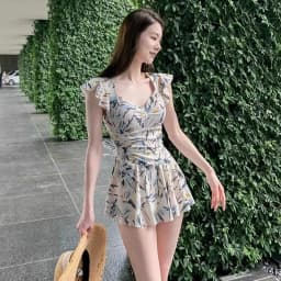 Sweet Floral Print Ruffle Sleeve One Piece Swimsuit Dress with Flared Skirt Modest Swimwear for Beach Pool Vacation