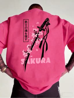 Japanese Katana Sakura Printed Cotton T-Shirts Mens Summer O-Neck Short Sleeve T Shirt Soft Oversized Tops Basic Male Clothes