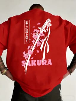 Japanese Katana Sakura Printed Cotton T-Shirts Mens Summer O-Neck Short Sleeve T Shirt Soft Oversized Tops Basic Male Clothes