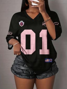 Women's Letter NO.01 Print V-Neck Short Sleeve T-Shirt Summer Graphic Tee Sport Jerseys Plus Size Sport T-Shirt