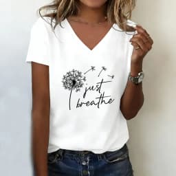 Just Breathe Dandelion T-shirt V Neck Casual Fashion Y2k T Shirts Women Short Sleeve Tee Shirt V-Neck Summer Spring
