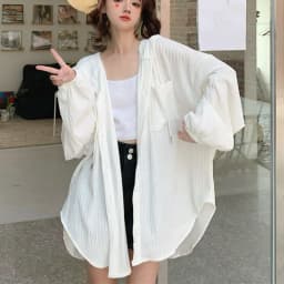 Thin Drawstring Hooded Shirt Simple Ice Silk Long Sleeved Hooded Loose Clothing Sun Protection Tops Holiday